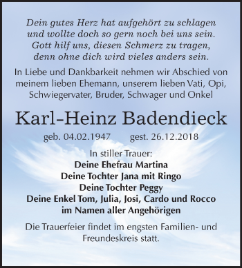 Traueranzeige von Karl-Heinz Badendieck von Mitteldeutsche Zeitung Bitterfeld