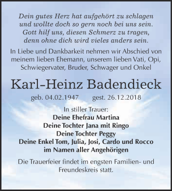 Traueranzeige von Karl-Heinz Badendieck von WVG - Wochenspiegel Bitterfeld