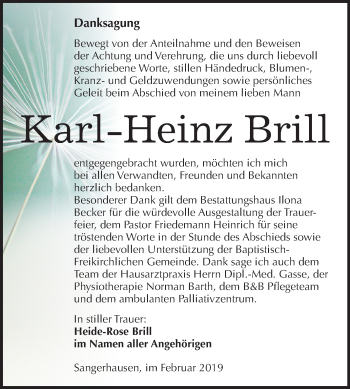 Traueranzeige von Karl-Heinz Brill von Mitteldeutsche Zeitung Sangerhausen
