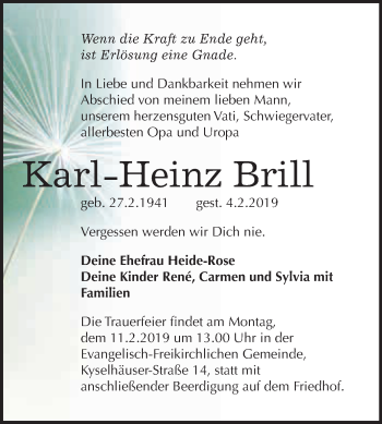 Traueranzeige von Karl-Heinz Brill von Super Sonntag SGH Mansf. Land