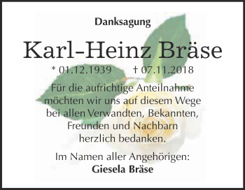 Traueranzeige von Karl-Heinz Bräse von Super Sonntag Wittenberg