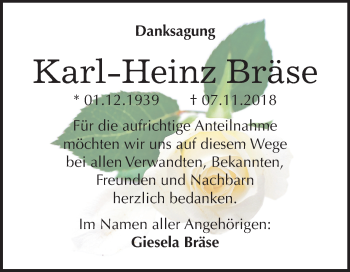 Traueranzeige von Karl-Heinz Bräse von Mitteldeutsche Zeitung Wittenberg