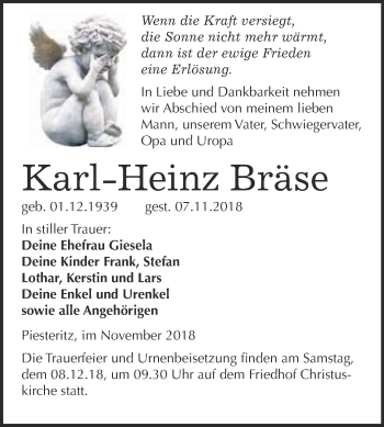 Traueranzeige von Karl-Heinz Bräse von Super Sonntag Wittenberg