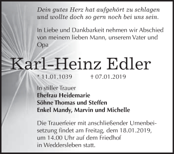 Traueranzeige von Karl-Heinz Edler von WVG - Wochenspiegel Quedlinburg