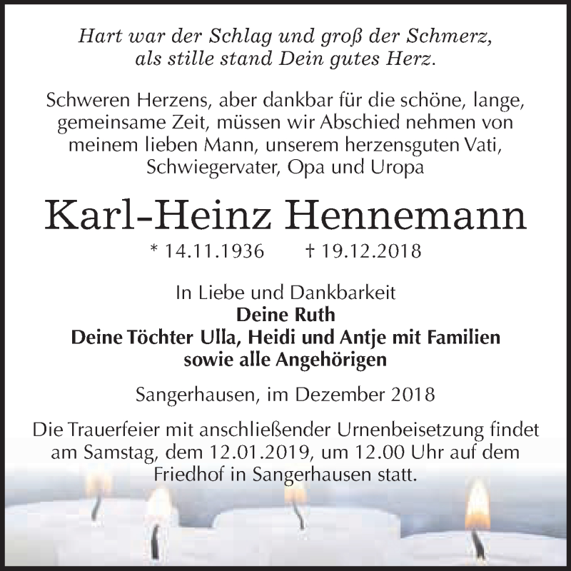  Traueranzeige für Karl-Heinz Hennemann vom 05.01.2019 aus Super Sonntag SGH Mansf. Land