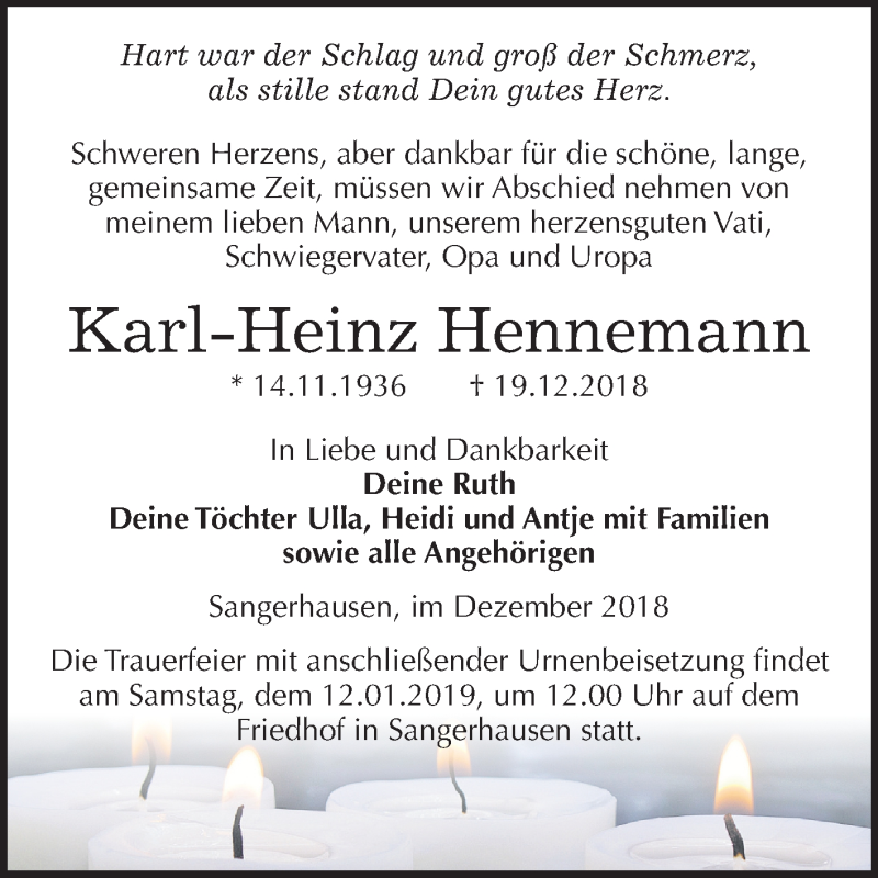  Traueranzeige für Karl-Heinz Hennemann vom 05.01.2019 aus Mitteldeutsche Zeitung Sangerhausen