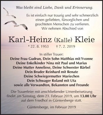 Traueranzeige von Karl-Heinz Kleie von Mitteldeutsche Zeitung Quedlinburg