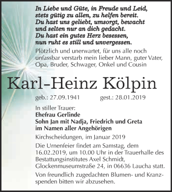 Traueranzeige von Karl-Heinz Kölpin von WVG - Wochenspiegel NMB / WSF / ZTZ