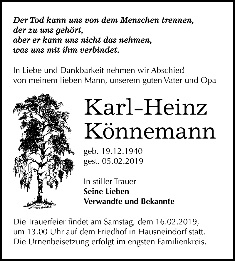  Traueranzeige für Karl-Heinz Könnemann vom 13.02.2019 aus WVG - Wochenspiegel Quedlinburg