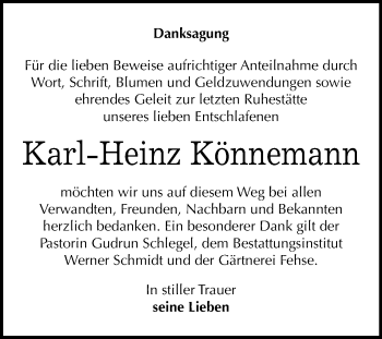 Traueranzeige von Karl-Heinz Könnemann von Mitteldeutsche Zeitung Quedlinburg