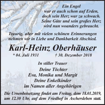 Traueranzeige von Karl-Heinz Oberhäuser von WVG - Wochenspiegel Quedlinburg