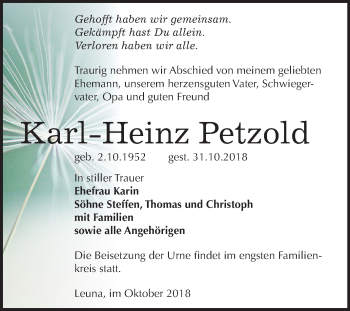 Traueranzeige von Karl-Heinz Petzold von Mitteldeutsche Zeitung Merseburg/Querfurt