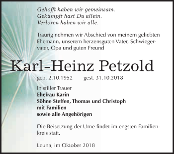 Traueranzeige von Karl-Heinz Petzold von WVG - Wochenspiegel Merseburg