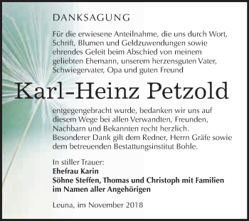 Traueranzeige von Karl-Heinz Petzold von WVG - Wochenspiegel Merseburg