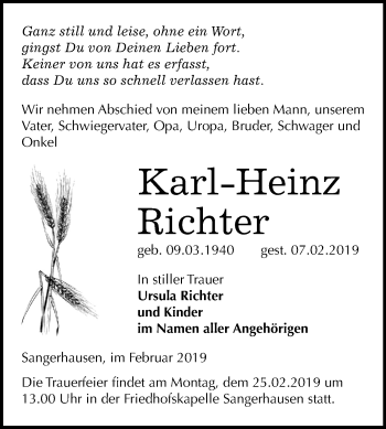 Traueranzeige von Karl-Heinz Richter von Mitteldeutsche Zeitung Sangerhausen