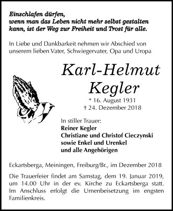 Traueranzeige von Karl-Helmut Kegler von Mitteldeutsche Zeitung Naumburg/Nebra