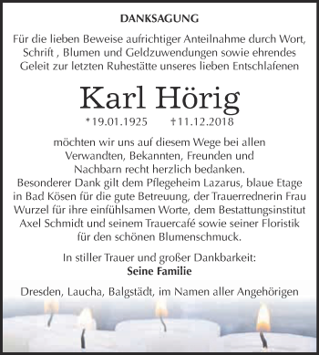 Traueranzeige von Karl Hörig von WVG - Wochenspiegel NMB / WSF / ZTZ