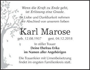 Traueranzeige von Karl Marose von WVG - Wochenspiegel Bitterfeld