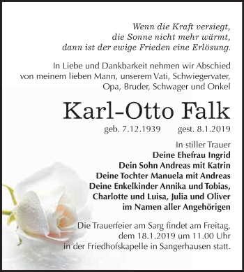 Traueranzeige von Karl-Otto Falk von Super Sonntag SGH Mansf. Land