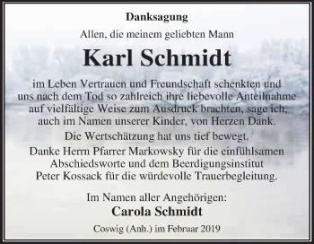 Traueranzeige von Karl Schmidt von WVG - Wochenspiegel Dessau / Köthen