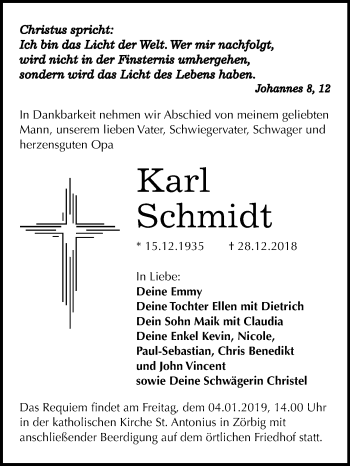 Traueranzeige von Karl Schmidt von Mitteldeutsche Zeitung Bitterfeld