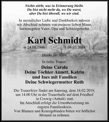 Traueranzeige von Karl Schmidt von WVG - Wochenspiegel Dessau / Köthen
