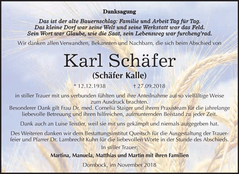  Traueranzeige für Karl Schäfer vom 10.11.2018 aus WVG - Wochenspiegel Dessau / Köthen