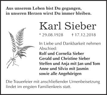 Traueranzeige von Karl Sieber von Super Sonntag Aschersleben