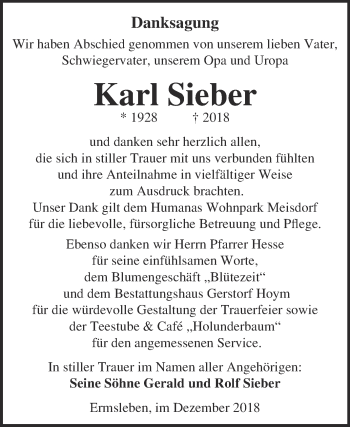 Traueranzeige von Karl Sieber von Super Sonntag Aschersleben