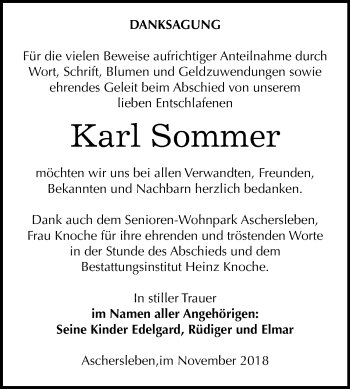 Traueranzeige von Karl Sommer von Mitteldeutsche Zeitung Aschersleben