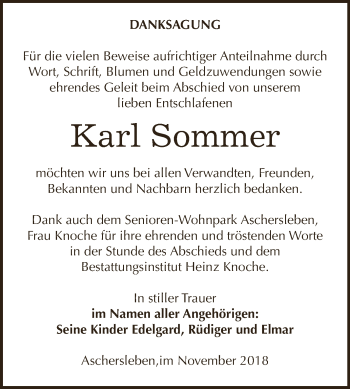 Traueranzeige von Karl Sommer von Super Sonntag Aschersleben