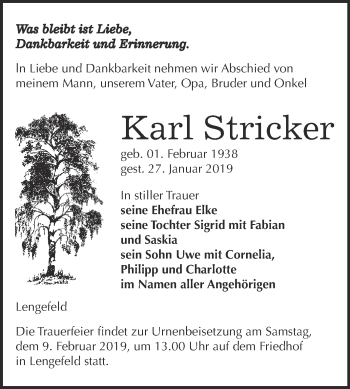 Traueranzeige von Karl Stricker von WVG - Wochenspiegel NMB / WSF / ZTZ