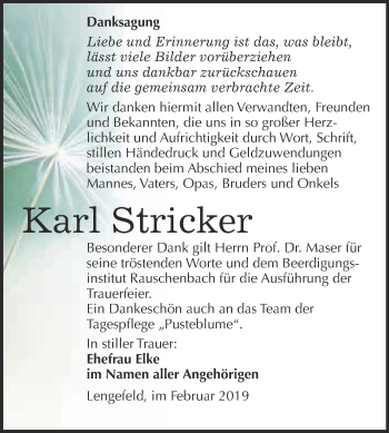 Traueranzeige von Karl Stricker von WVG - Wochenspiegel NMB / WSF / ZTZ