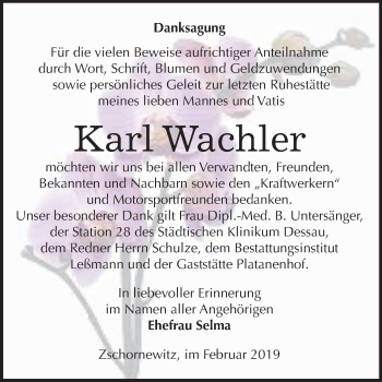 Traueranzeige von Karl Wachler von WVG - Wochenspiegel Wittenberg