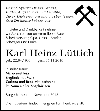 Traueranzeige von Karl Heinz Lüttich von Super Sonntag SGH Mansf. Land