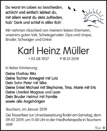 Traueranzeige von Karl Heinz Müller von WVG - Wochenspiegel NMB / WSF / ZTZ