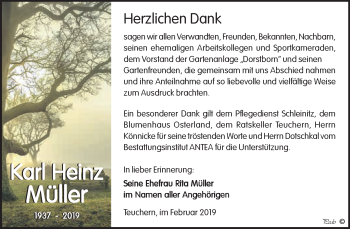 Traueranzeige von Karl Heinz Müller von WVG - Wochenspiegel NMB / WSF / ZTZ