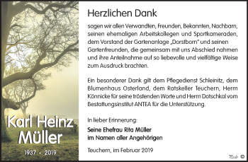 Traueranzeige von Karl Heinz Müller von Mitteldeutsche Zeitung Weißenfels