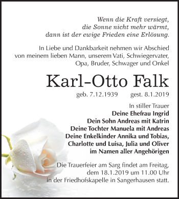 Traueranzeige von Karl Otto Falk von Mitteldeutsche Zeitung Sangerhausen