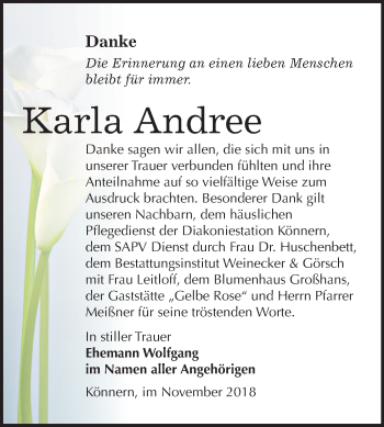 Traueranzeige von Karla Andree von Mitteldeutsche Zeitung Bernburg