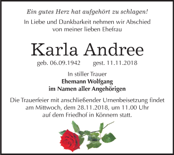 Traueranzeige von Karla Andree von Mitteldeutsche Zeitung Bernburg