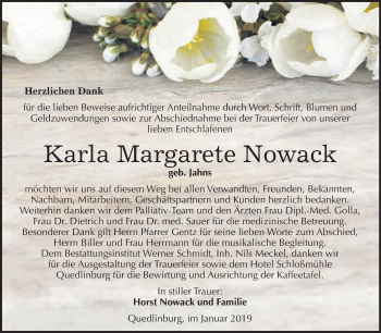 Traueranzeige von Karla Margarete Nowack von WVG - Wochenspiegel Quedlinburg