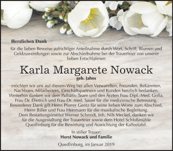 Traueranzeige von Karla Margarete Nowack von Mitteldeutsche Zeitung Quedlinburg