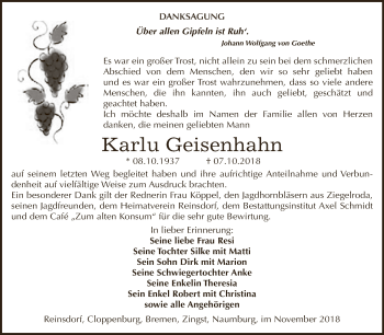Traueranzeige von Karlu Geisenhahn von WVG - Wochenspiegel NMB / WSF / ZTZ