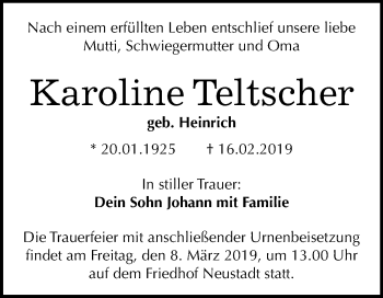 Traueranzeige von Karoline Teltscher von Mitteldeutsche Zeitung Zeitz