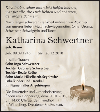 Traueranzeige von Katharina Schwertner von Mitteldeutsche Zeitung Wittenberg