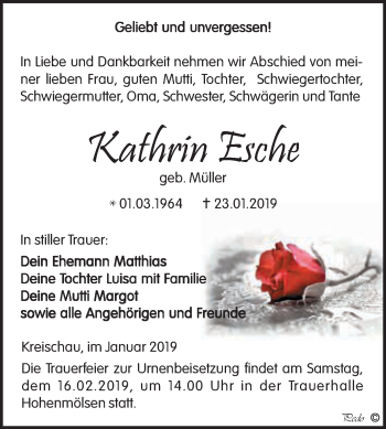 Traueranzeige von Kathrin Esche von WVG - Wochenspiegel NMB / WSF / ZTZ