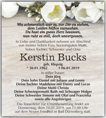 Traueranzeige von Kerstin Bucks von Mitteldeutsche Zeitung Merseburg/Querfurt