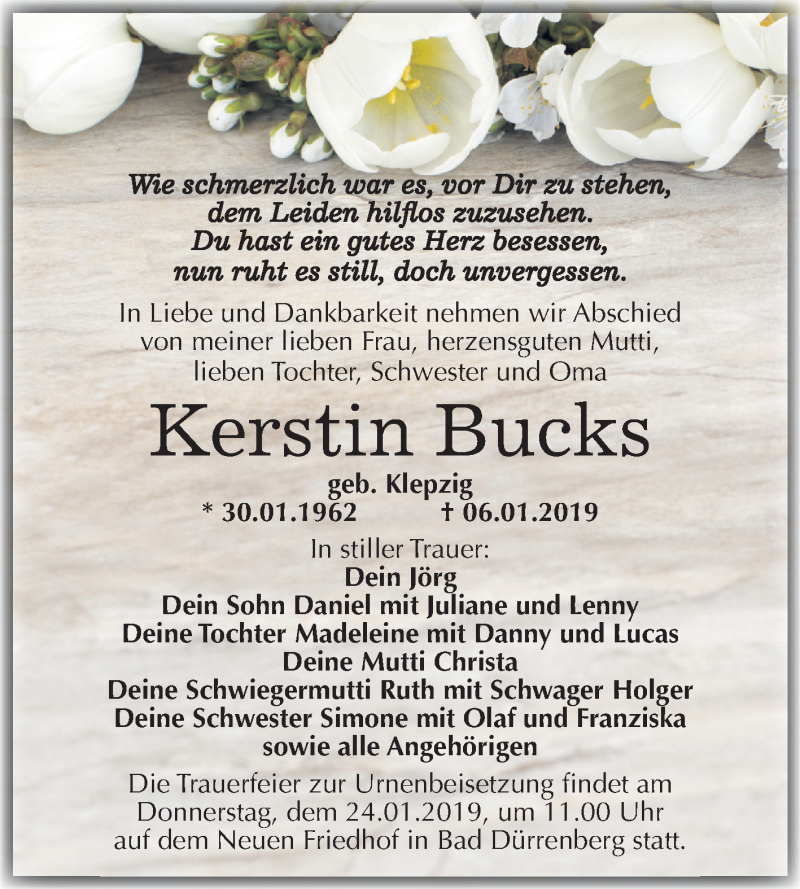  Traueranzeige für Kerstin Bucks vom 12.01.2019 aus Mitteldeutsche Zeitung Merseburg/Querfurt