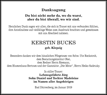 Traueranzeige von Kerstin Bucks von Mitteldeutsche Zeitung Merseburg/Querfurt
